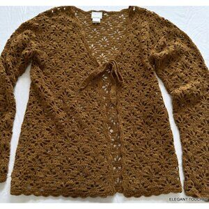 Moda International Womens Cardigan Sweater S Crochet Brown Open Front-Tie Knit
